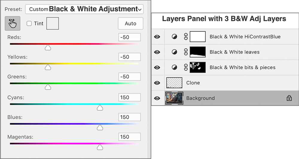     B&W Adjustment Panel           Multiple B&W Layers