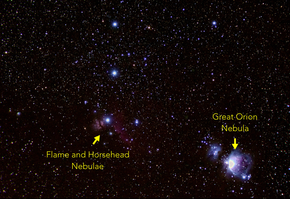 Telephoto shot of the constellation Orion with nebulae identified