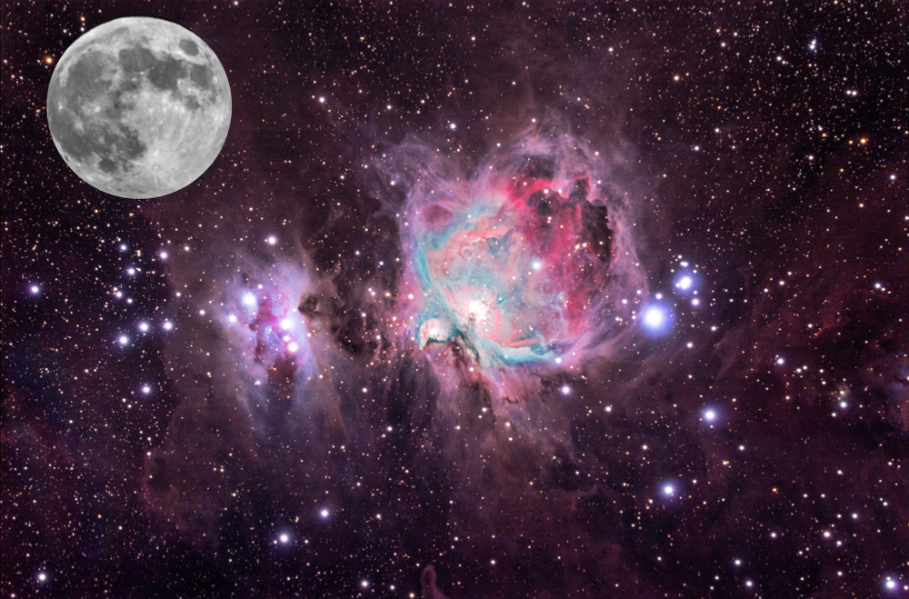 Composite image of the Great Orion Nebula (M42) and the moon for size comparisons
