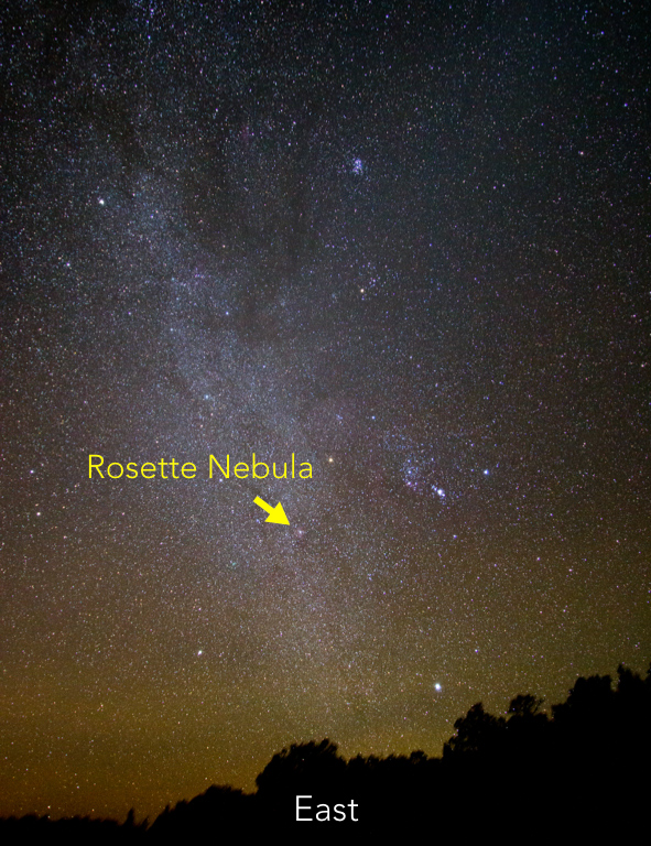 Wide angle shot of the sky, looking East with Rosette Nebula identified