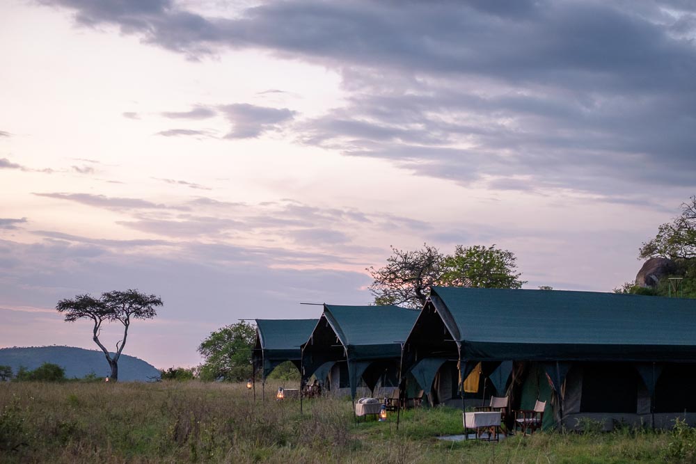 Sunset at a camp in the central Serengeti.