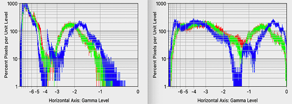Figure 3:  Gamma level histograms with logarithmic vertical axis.
