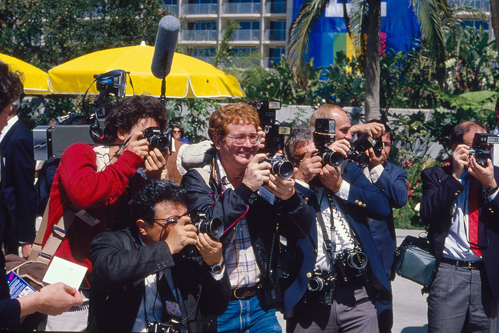 This photo of photographers was made in the mid-nineteen eighties on Kodachrome. (note the ACDs: Analog Capture Devices), a film with a well-deserved reputation for retaining color and density (when properly stored) and being, today, an easy scanning emulsion.