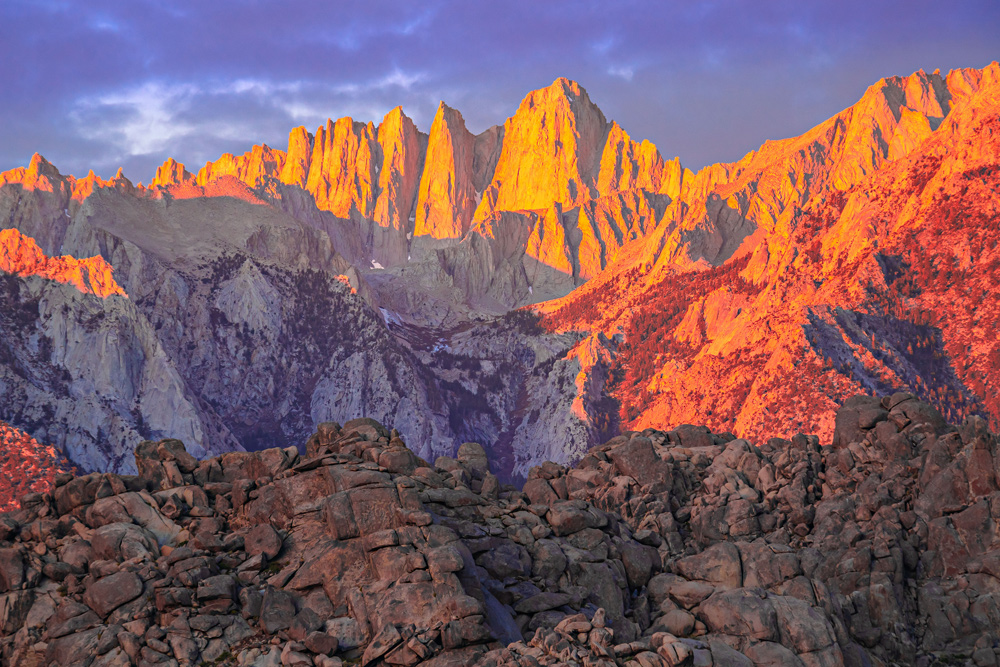 Mount Whitney and the Eastern Sierra Nevada in reds and yellows, Alabama Hills.