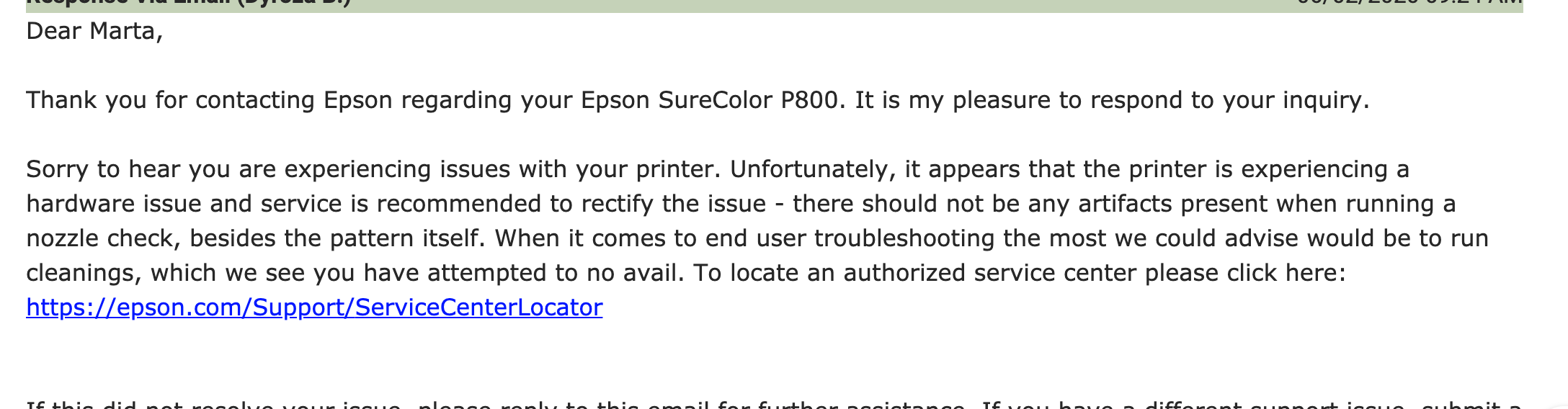 Epson Technical Support Response