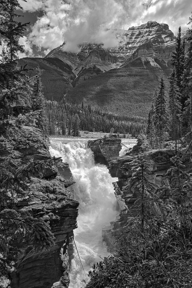 “Athabasca Falls, Jasper NP, Alberta” in B&W