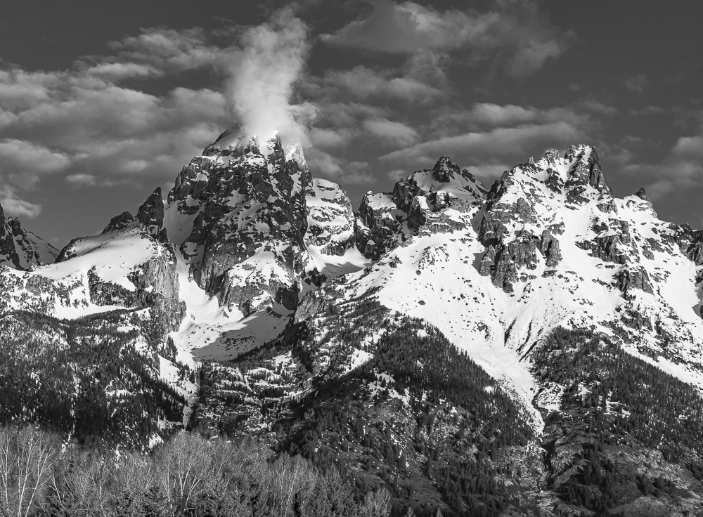 Grand Teton Peak from Schwabacher Landing” in B&W