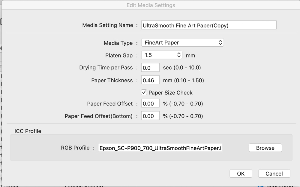 The Media Installer also lets you set the parameters of third party papers as shown above
