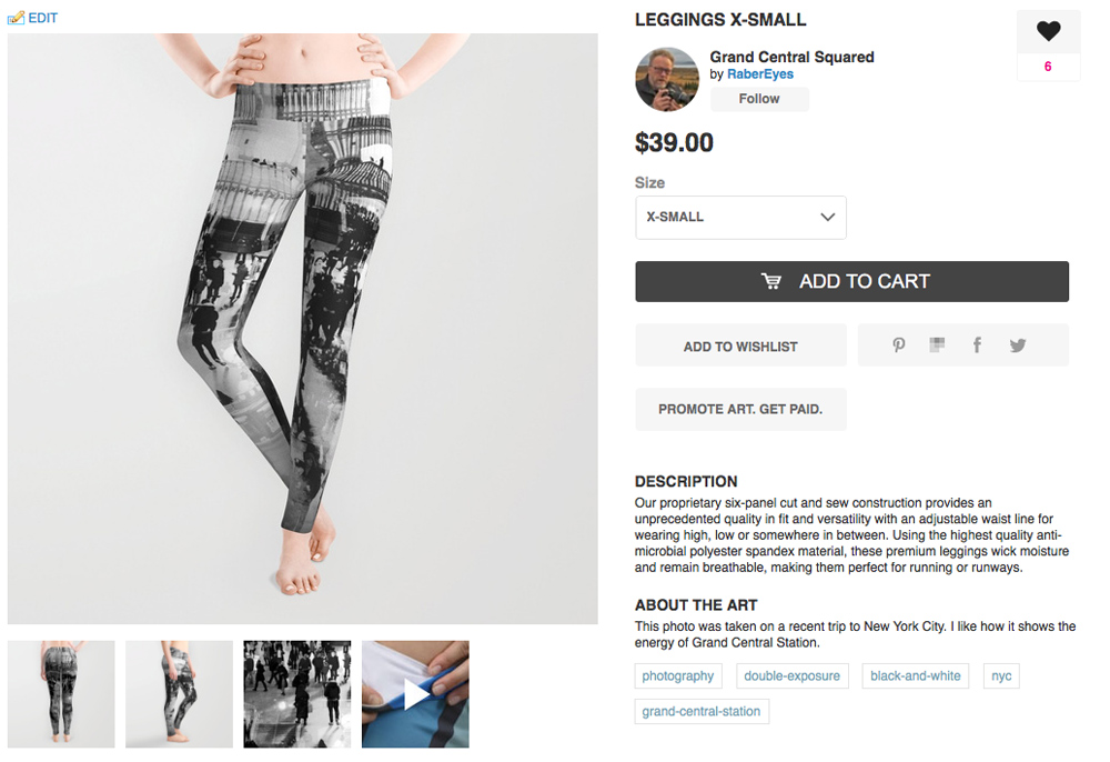 Our leggings product. Notice that there are various views and detail of the product as part of the description.