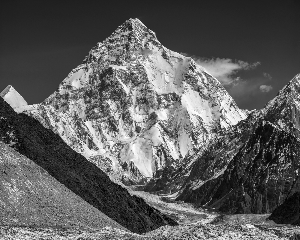 K2 (8611 m) and Godwin Austen Glacier from Vigne Glacier, Baltoro Muztagh, Karakoram Mountains, Pakistan