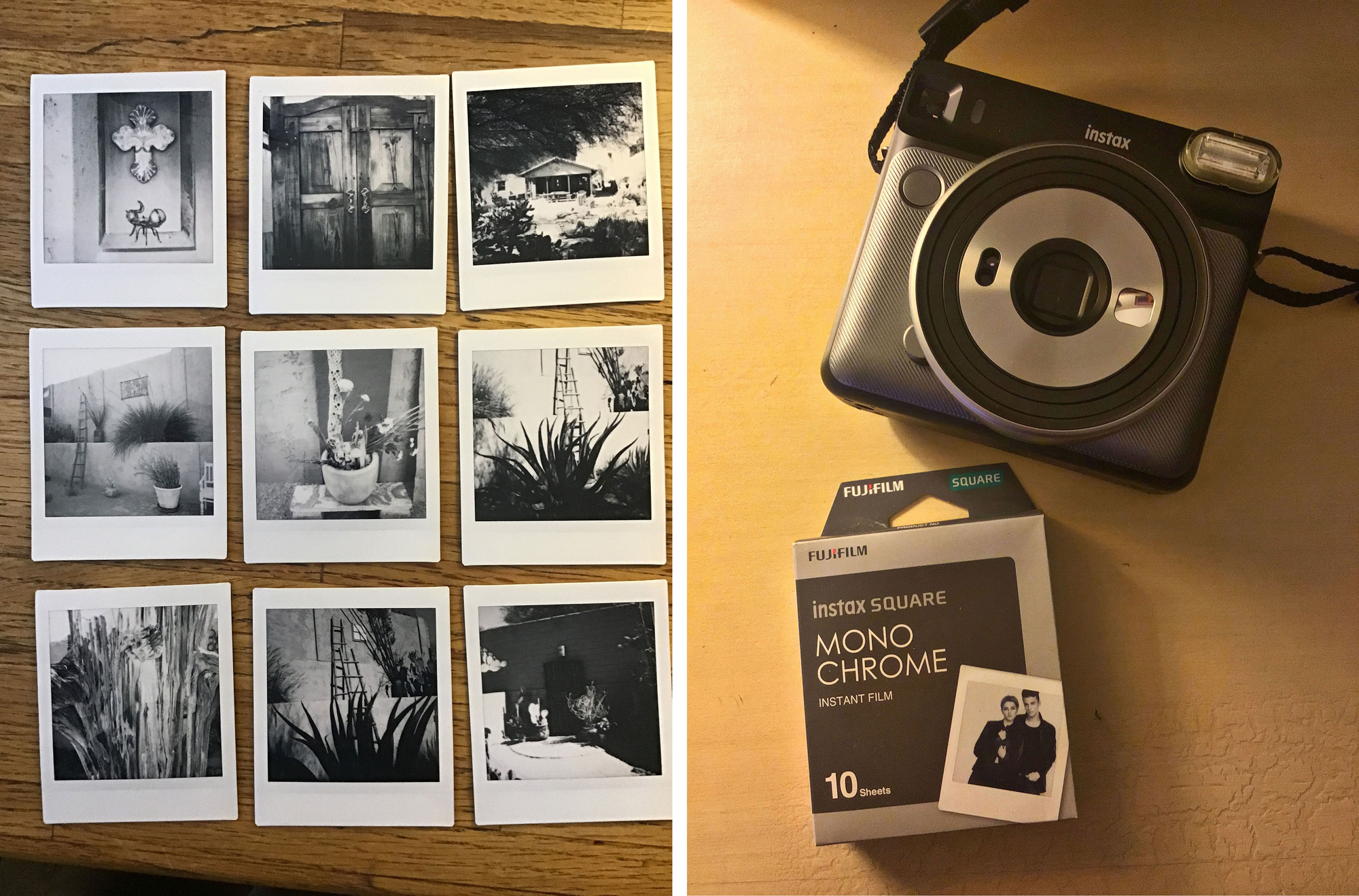 The Fuji Instax photographs I created and the Fuji Instax Square and Mono Chrome film together with  A contemporary look but not quite the cachet of the SX 70