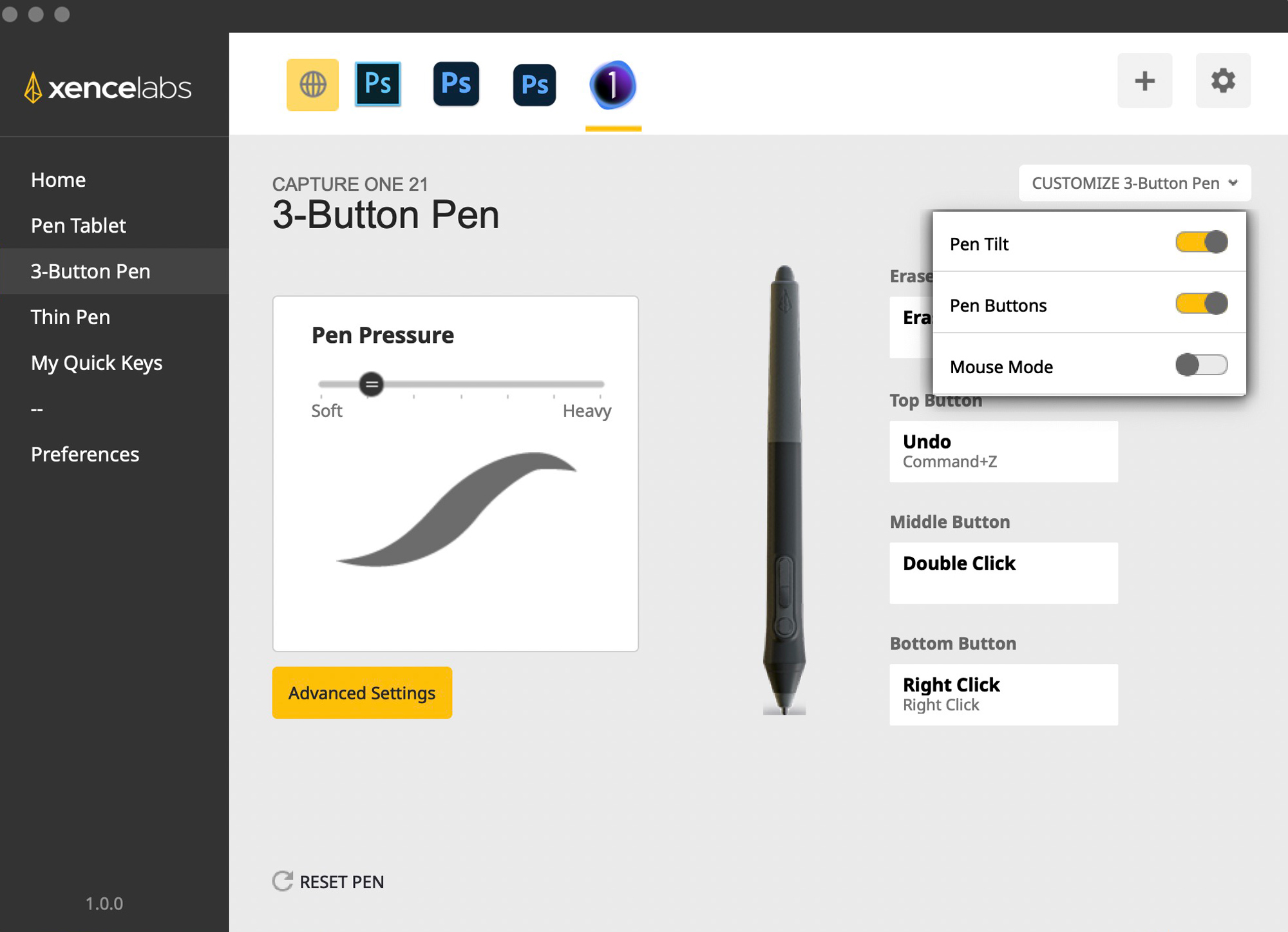 One of the pen set up screens