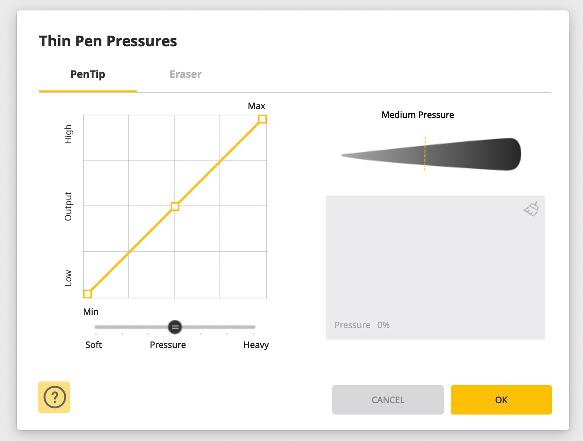 This shows the screen for setting the pen pressure. You can do this for both pens. It may take a bit of trial and effort until you find the right settings for you