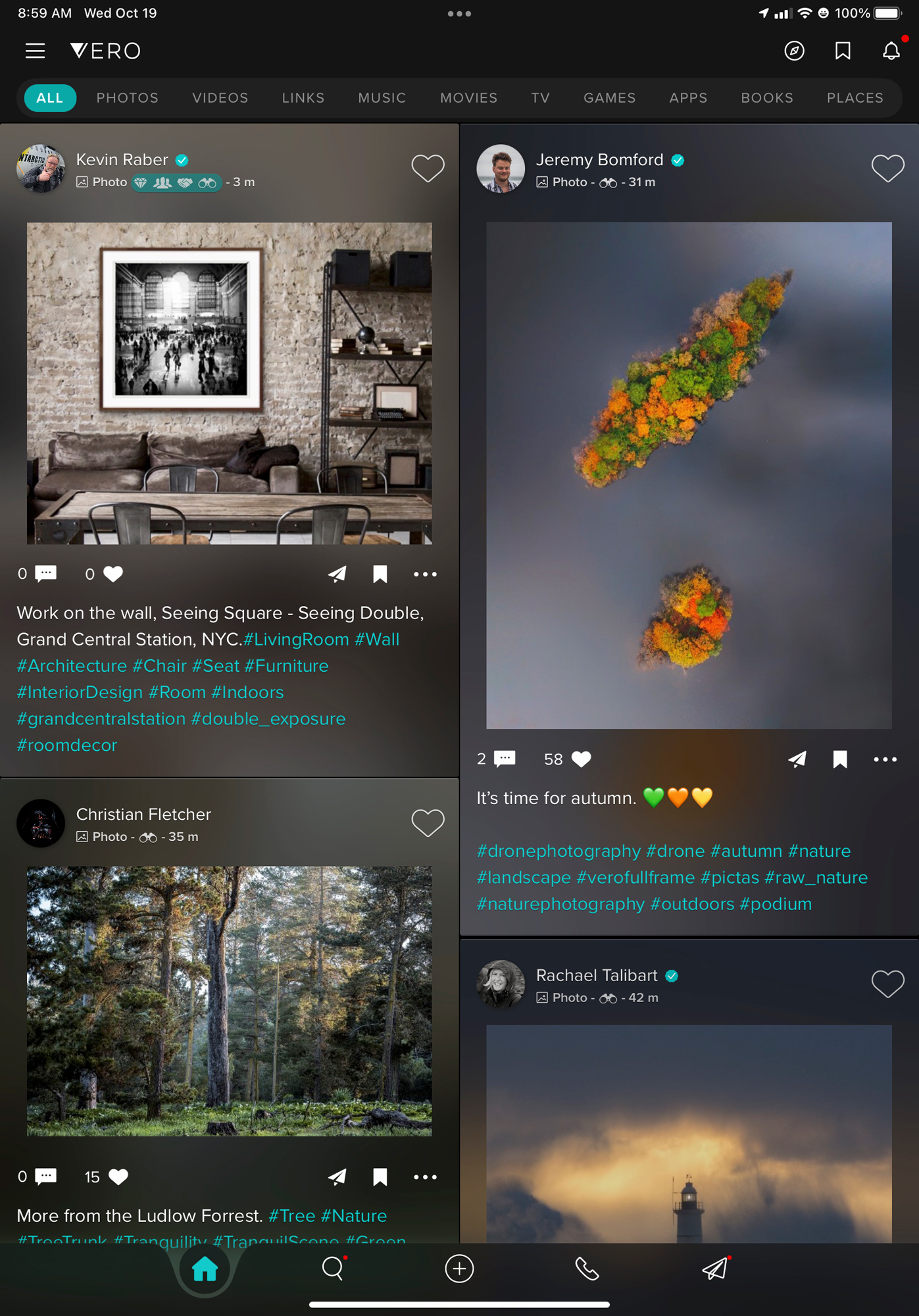 Vero offers on an iPad a two colum view that you can scroll through and if you like an image touch a heart icon to show the creator you like it. You can also click on the image and see a detail like shown below.