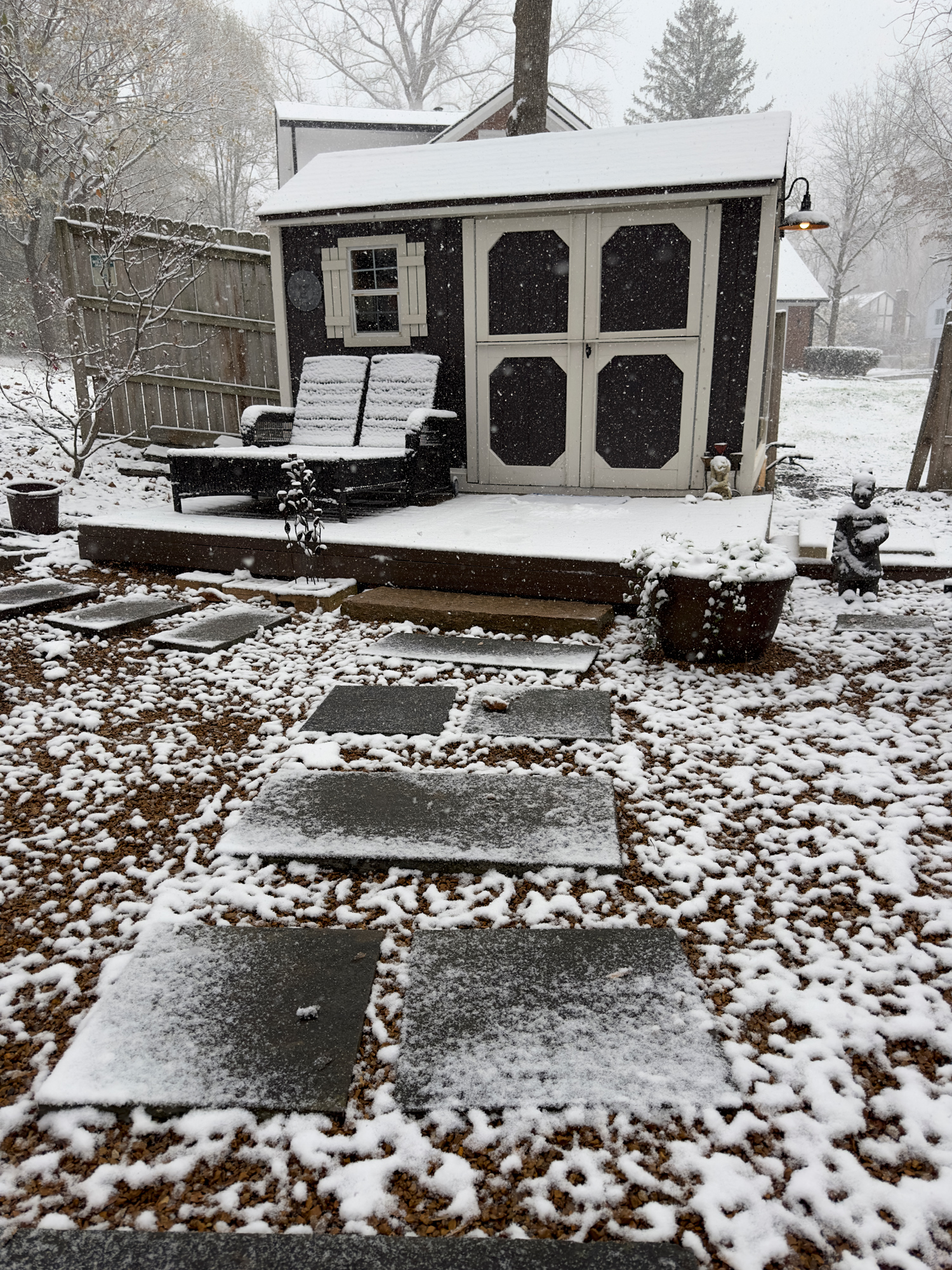Our renovated entertainment shack in a recent snowstorm