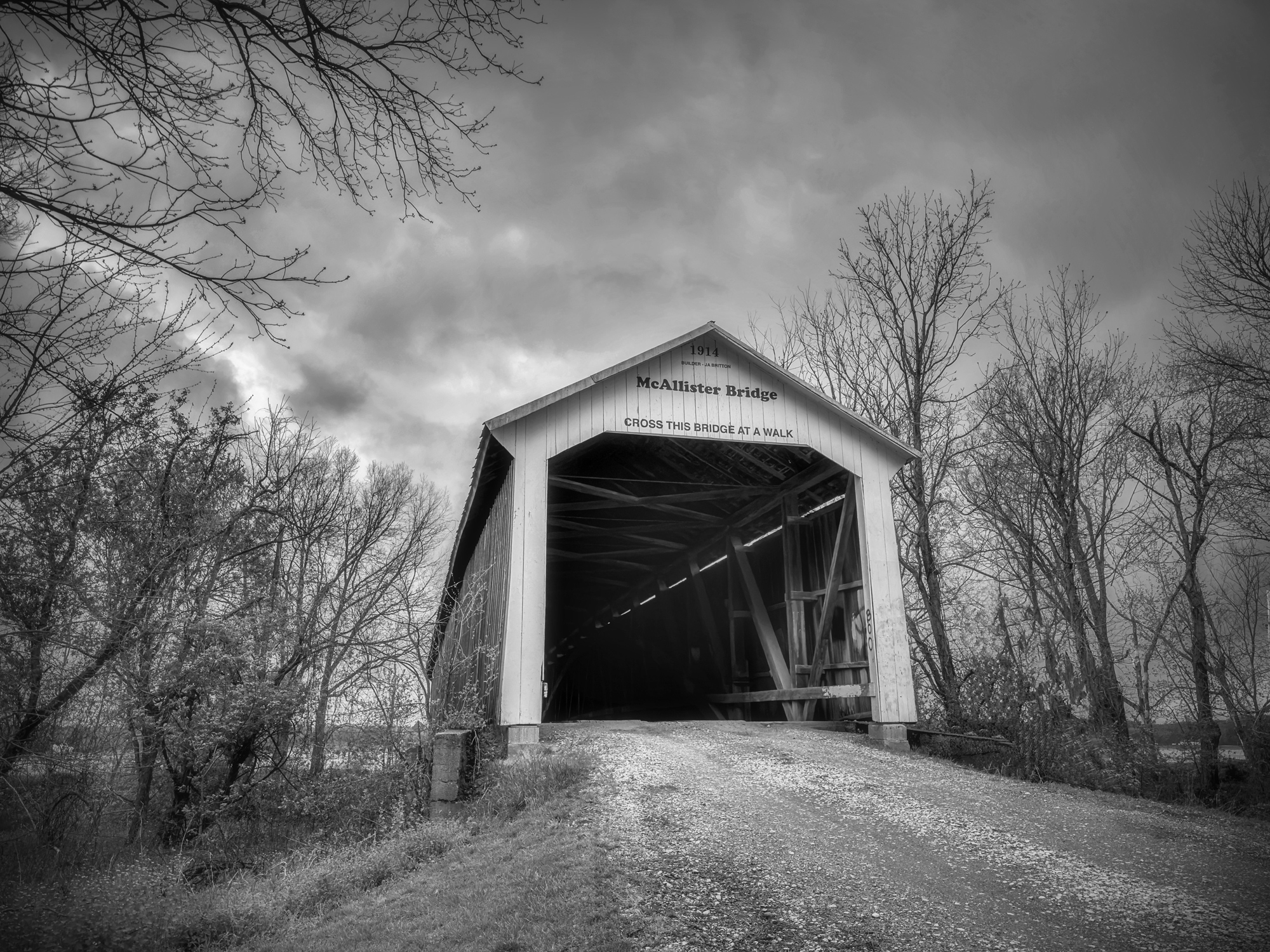 McAllister Bridge near Waveland, Indiana iPhone 14 Pro Max, 24mm, 48mp camera, processed in Lightroom Mobile and Dramatic Black and White. 