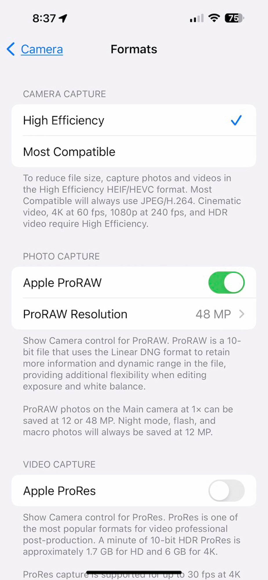 This is how you set your iPhone to shoot RAW files. Remember you must select RAW in the camera viewfinder screen to capture the image as RAW.
