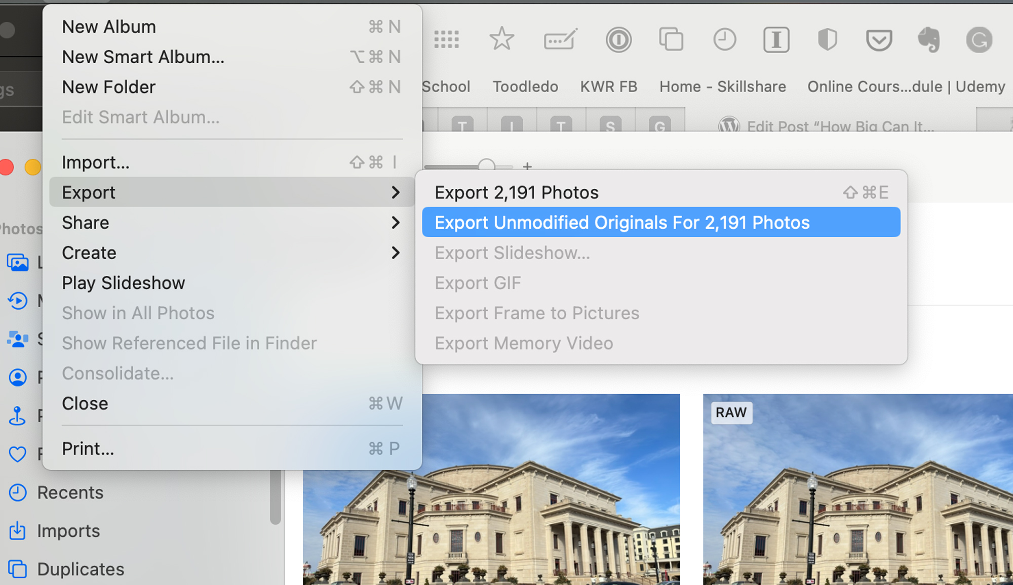 Select export Unmodifed so you export them as RAWs that can be read by Lightroom or other RAW processors