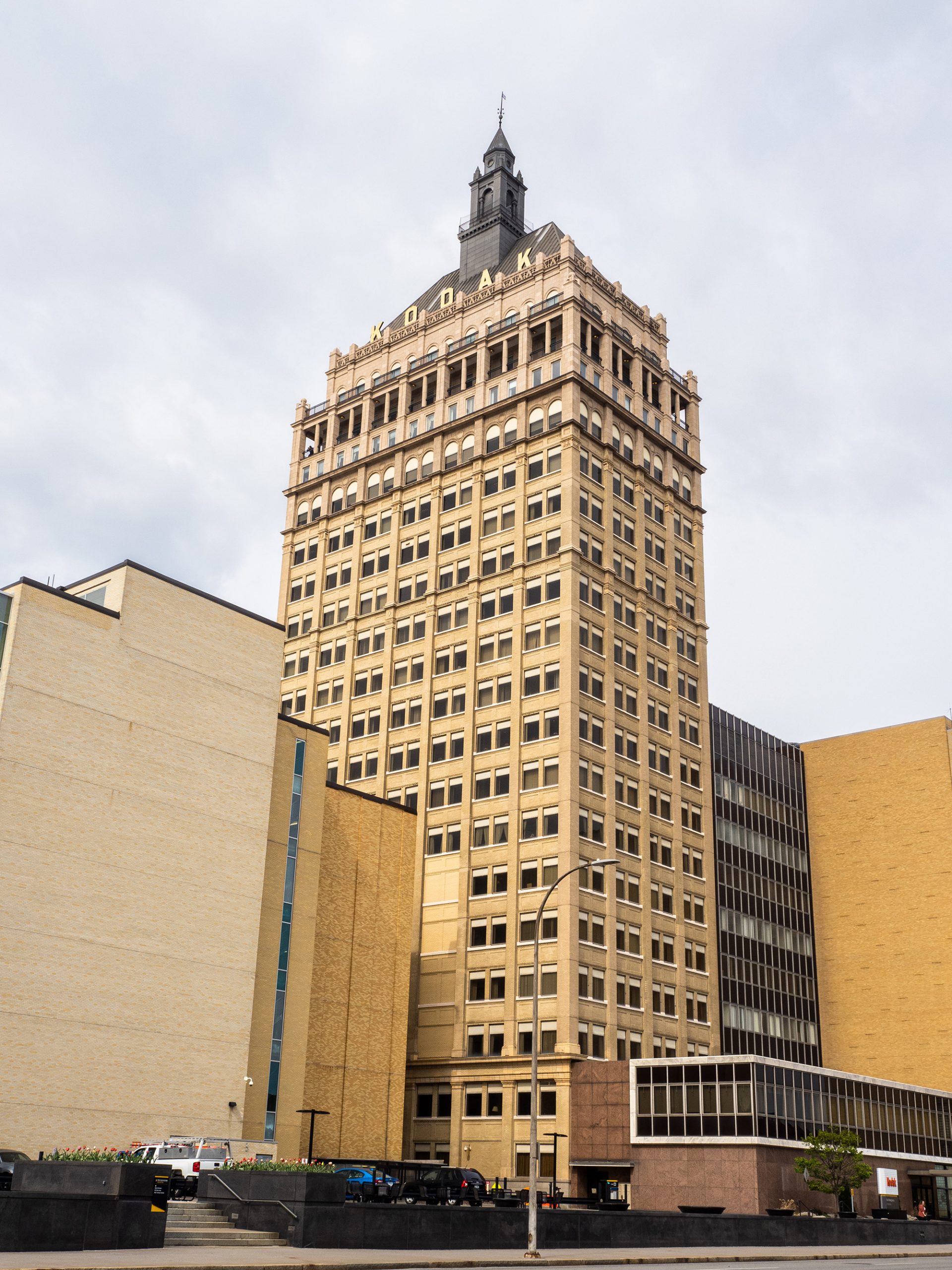Standing on Platt Street, the Kodak Tower, a historic icon in Rochester, Upstate New York State, stretches towards the sky.