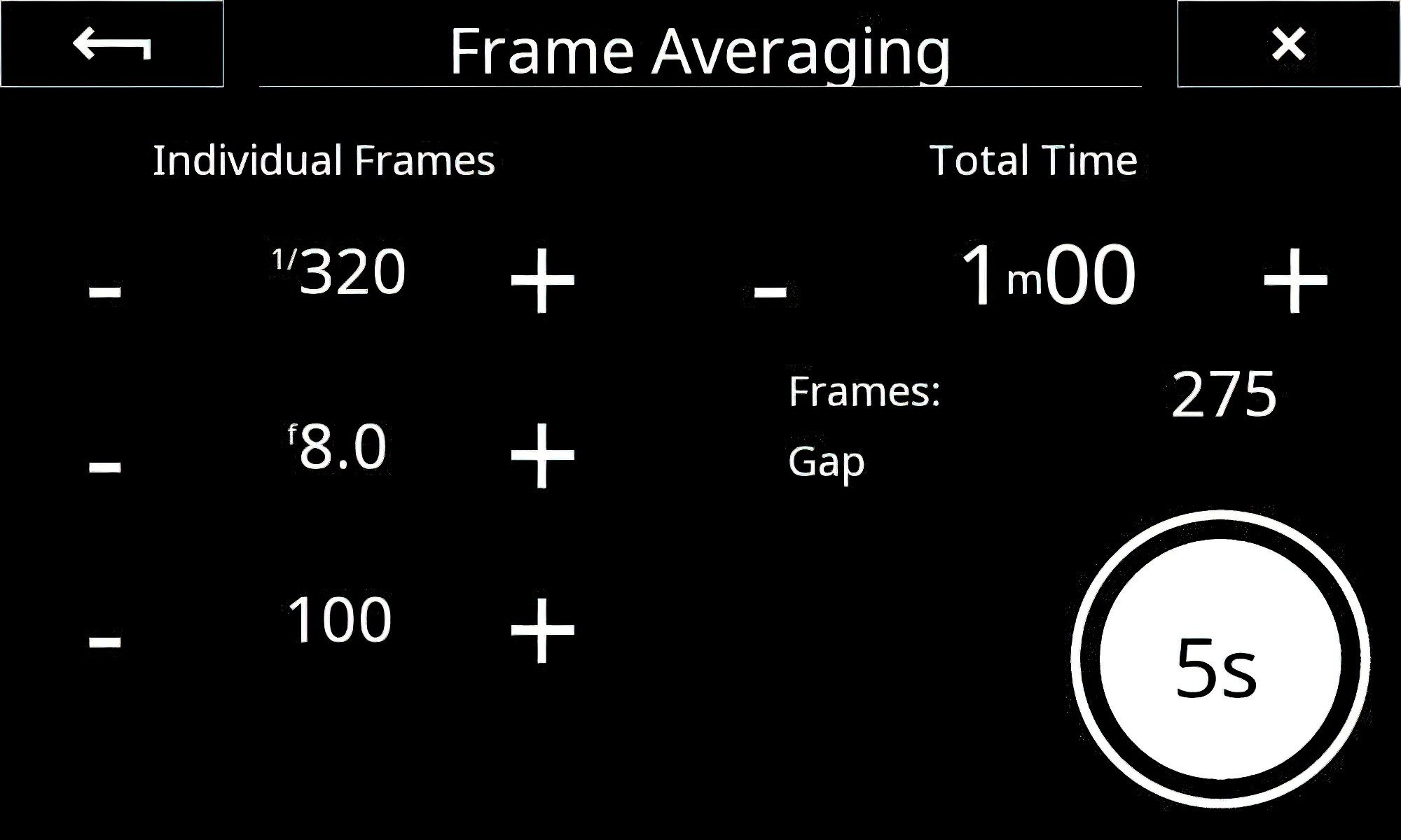 This is the screen you enter all the parts of a Frame Average exposure. The big white button is the shutter trigger with a. 5 sec delay.