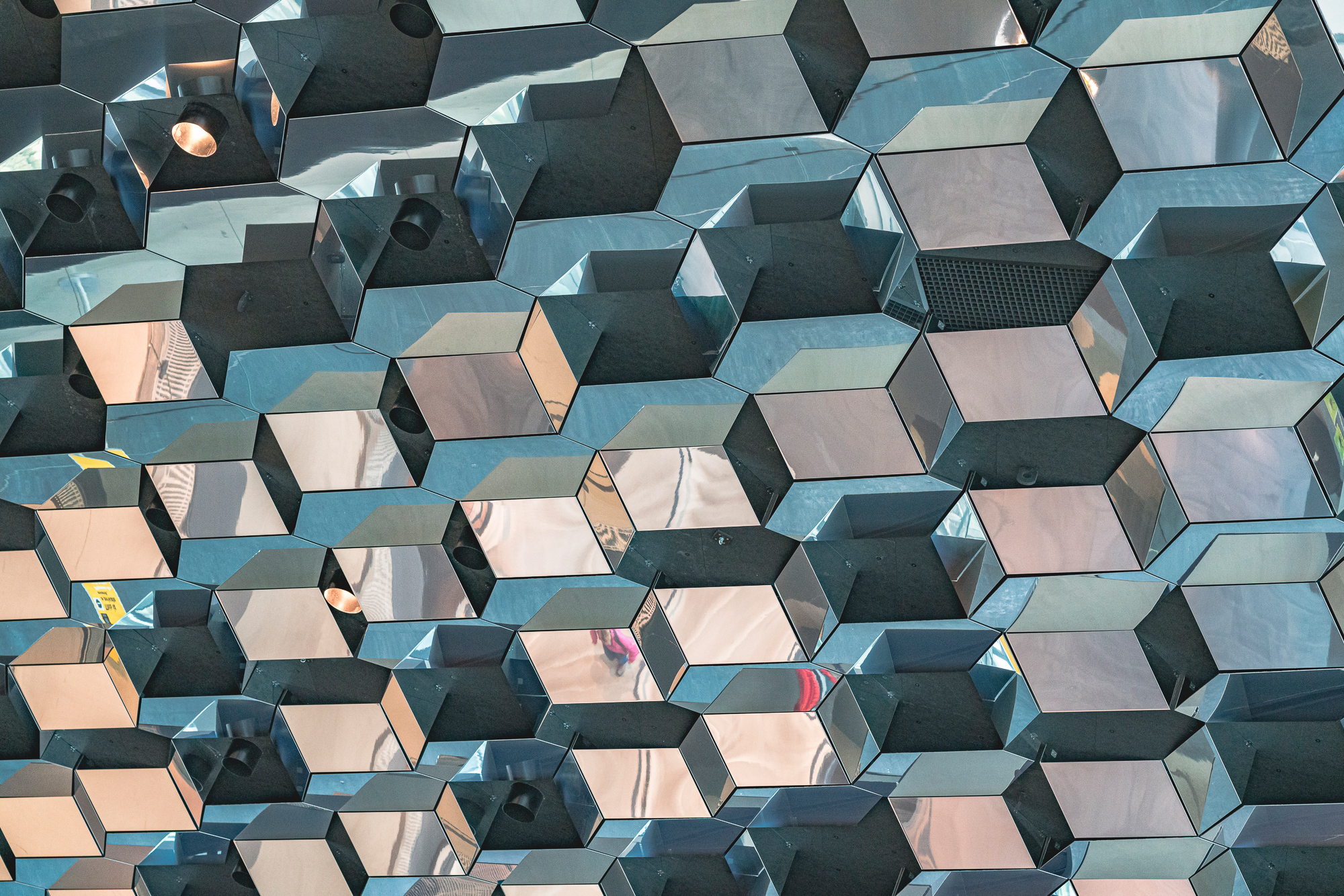 A section of the mirrored ceiling at the Harpa in Reykjavik
