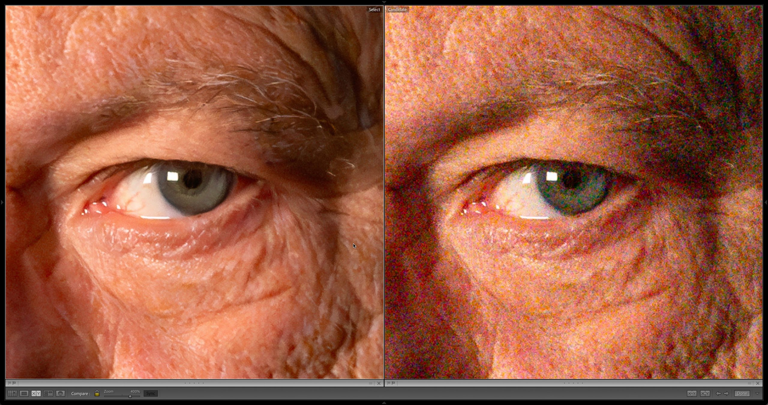 The enhanced Noise Reduction DNG on the left, the original on the right-both at ISO 20,000
